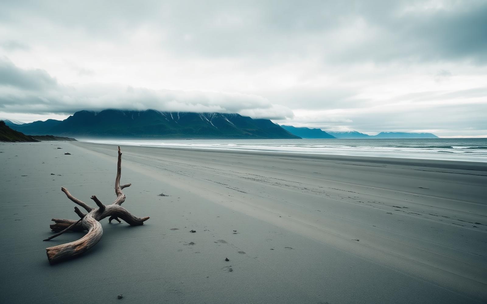 Empty sandy beach on the Alaskan coast