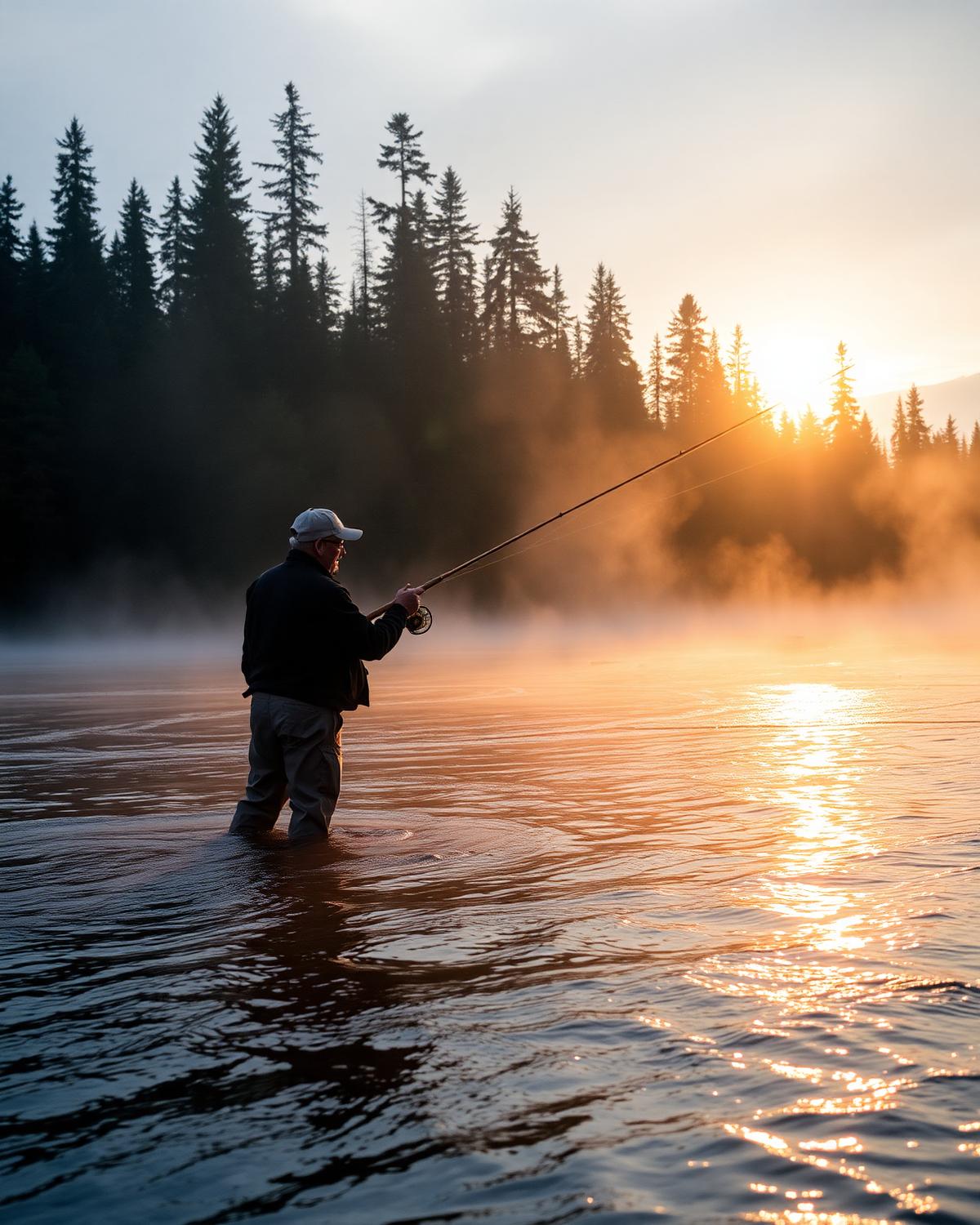 Fly fisherman on the Situk River at dawn