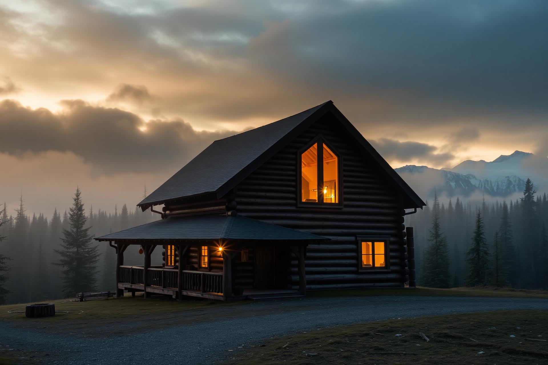 Log cabin at dusk in the Alaskan forest